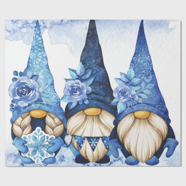 Winter Scandinavian Gnomes with Blue Peony Presentpapper (Platt)