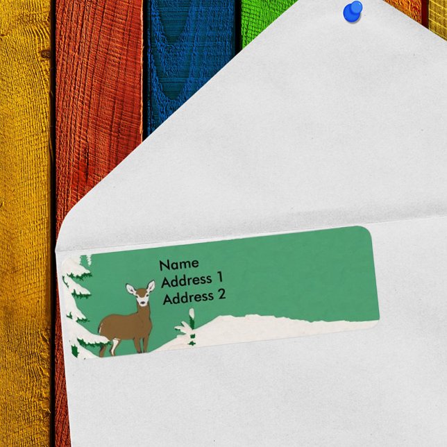 Winter Scene Hjort Returadress Etikett (Return address label with white face female deer in snow by pine tree.)