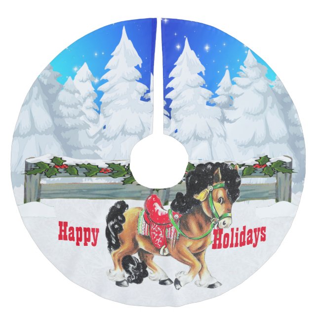 Winter Scene Horse and Fence Glad helg Julgransmatta Borstad Polyester (Framsidan)