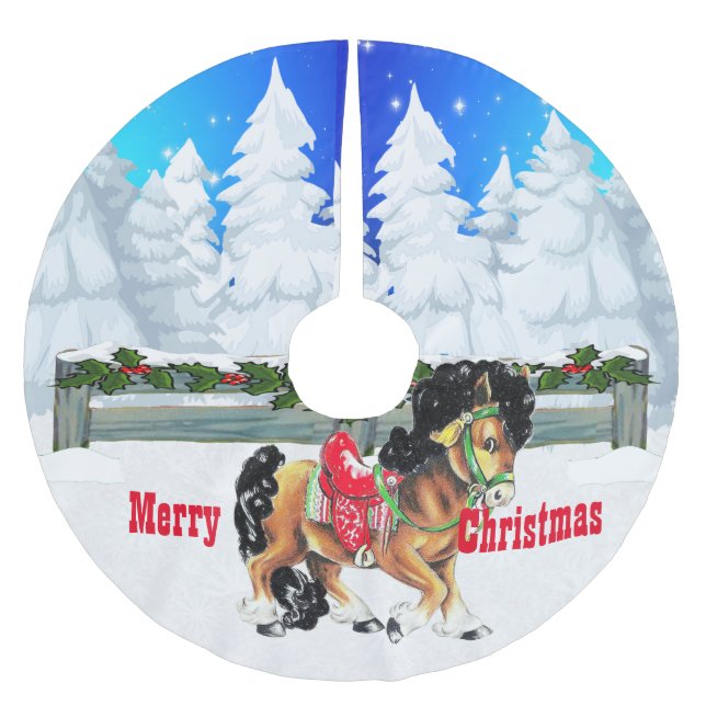 Winter Scene Horse and Fence God jul Julgransmatta Borstad Polyester (Framsidan)