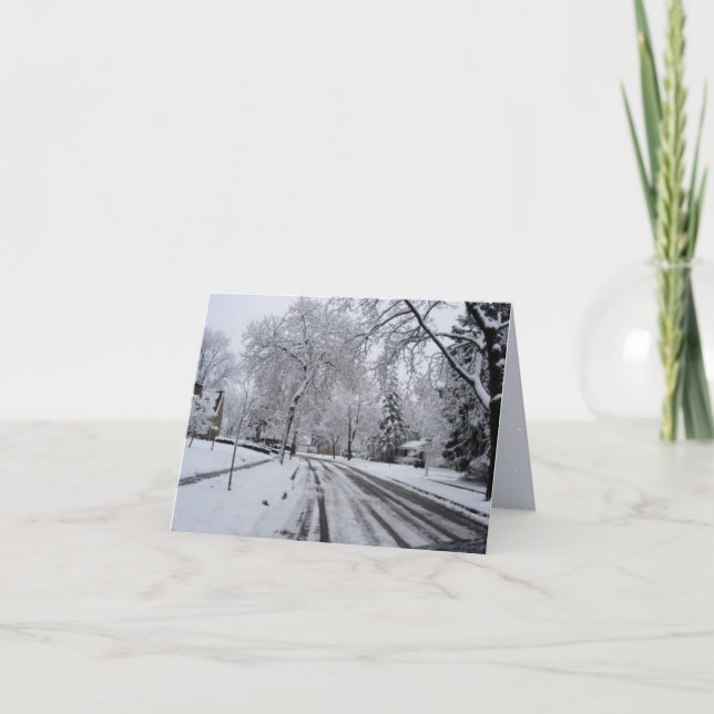 Winter Scene på Snowy Street Gräs Träd Kort (Framsida)