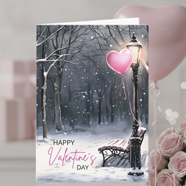 Winter Scene Pink Heart Balloon Valentine's Day Kort (Skapare uppladdad)