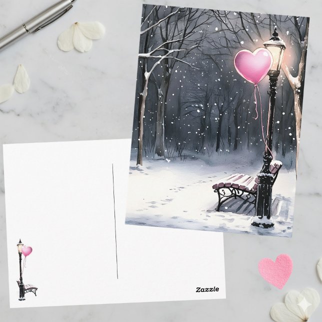 Winter Scene Pink Heart Balloon Valentine's Day Vykort (Skapare uppladdad)