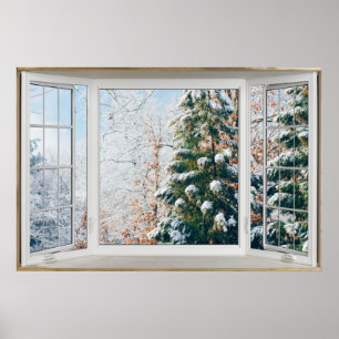 Winter Scene White Bay-fönster Illusion Poster