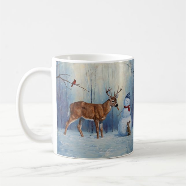 Winter-scenen hjort och Lycklig Snögubbe Kaffemugg (Vänster)