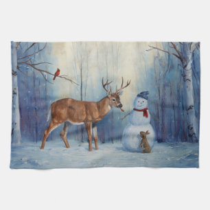 Winter-scenen hjort och Lycklig Snögubbe Kökshandduk