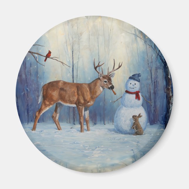 Winter-scenen hjort och Lycklig Snögubbe Magnet (Framsidan)
