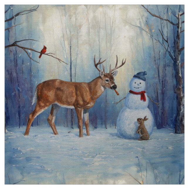 Winter-scenen hjort och Lycklig Snögubbe Tyg (Provkarta)