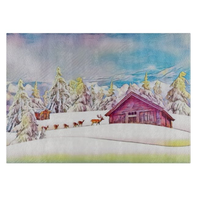 Winter Scenery Reindeer och Log Cabin Watercolor (Framsidan)