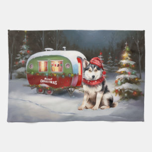 Winter Siberian husky Caravan jul Äventyr Kökshandduk