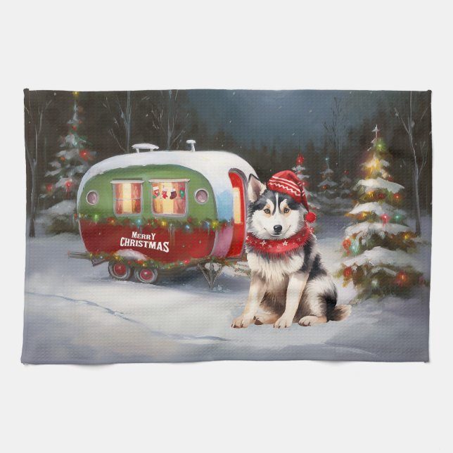Winter Siberian husky Caravan jul Äventyr Kökshandduk (Horisontell)