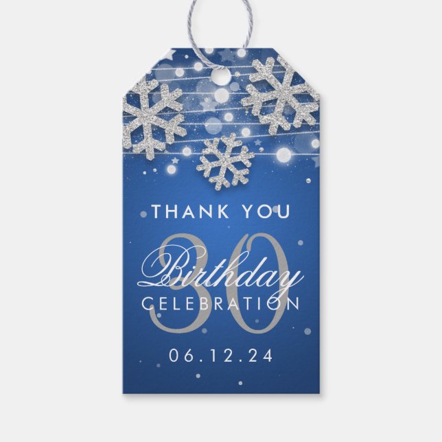 Winter silver Blue 30års födelsedag Tack Presentetikett (Framsidan)