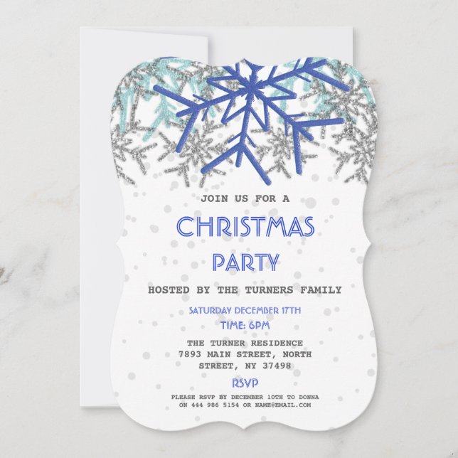 Winter Silver Navy Blue Snowflake CHRISTMAS Party Inbjudningar (Framsida)