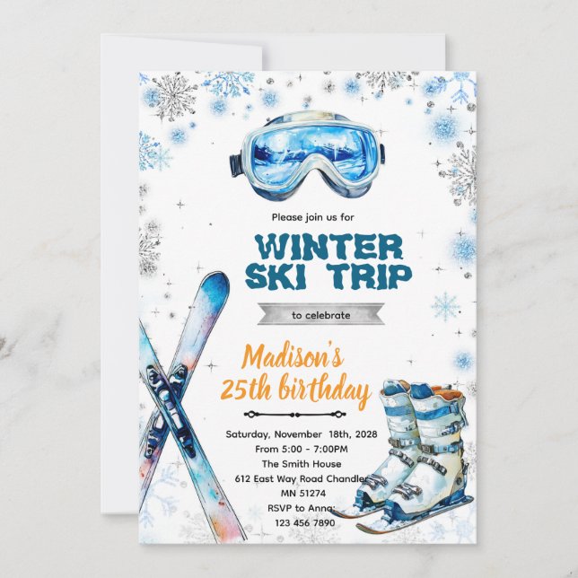 Winter ski party theme invitation inbjudningar (Framsida)