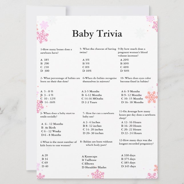 Winter-skript baby trivia-spel för babyduschspel (Framsida)