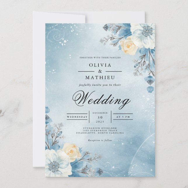 Winter Sky Floral Flourish Wedding Inbjudningar (Framsida)