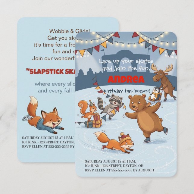 Winter Slapstick Ice Skating Birthday Invitation Inbjudningar (Fram/baksida)