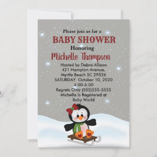 Winter Sled Penguin Baby Shower/Birthday Inbjudan