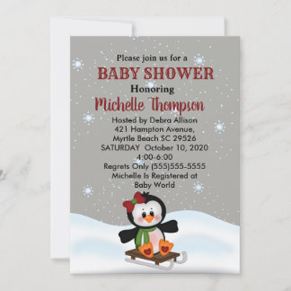 Winter Sled Penguin Baby Shower/Birthday Inbjudan