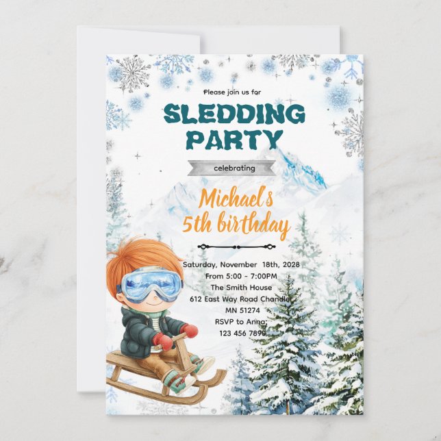 Winter Sledding party theme invitation Inbjudningar (Framsida)