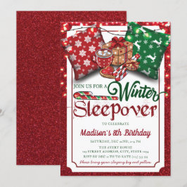 Winter Sleepover Födelsedagsfest Red Glitter Inbjudningar