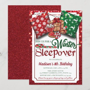 Winter Sleepover Födelsedagsfest Red Glitter Inbjudningar
