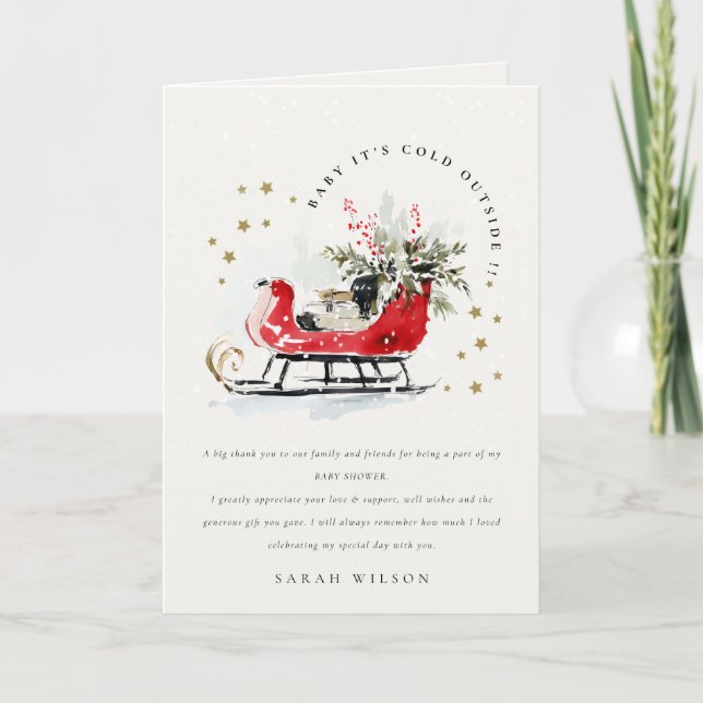 Winter Sleigh Its Cold Outside Neutral Baby Shower Tack Kort (Framsida)