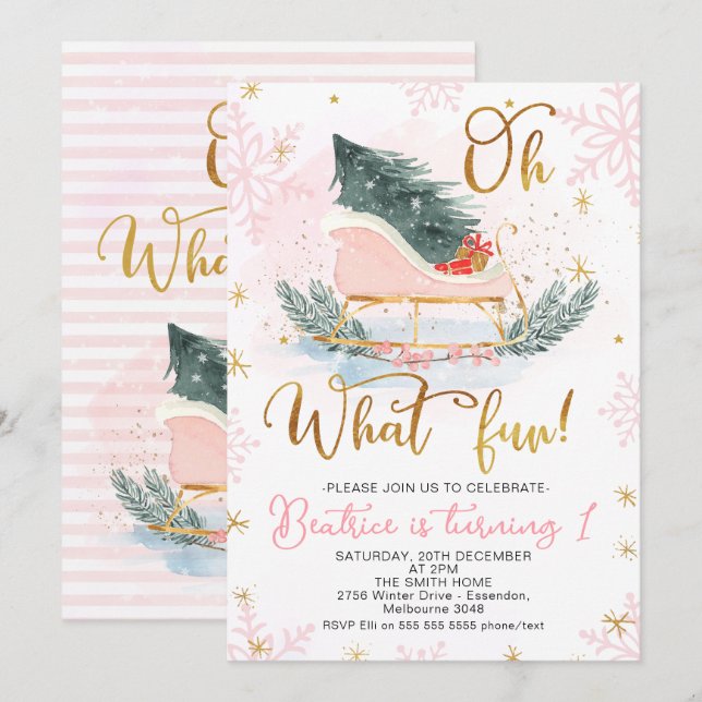 Winter Sleigh Oh What roligt First Birthday Invati Inbjudningar (Fram/baksida)