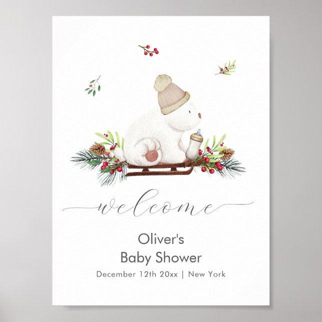Winter Sleigh Polar Bear Baby Shower Welcome  Poster (Framsidan)