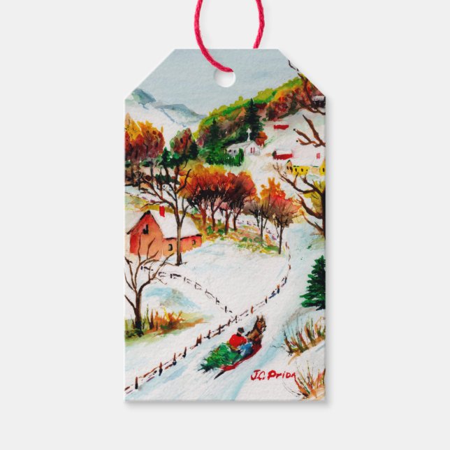 Winter Sleigh Ride Mountain jul Vattenfärg Presentetikett (Framsidan)