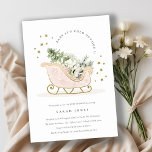 Winter Sleigh sitt Kall utanför babyduschen Inbjud Tack Kort<br><div class="desc">Sleigh Winter Baby är Kallet utanför Theme Collection. - Det är en söt pastellfärgad Illustration of rosa guld sleigh fylld med julklapp gräs träd, gåvor och vinterbär med klassy guld star ram och snöfall i bakgrunden. Perfekt för dina små vinterfödelsedagsfester. Det är mycket enkelt att anpassa, med dina personuppgifter. Om...</div>