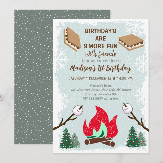 Winter S'mores Campfire Chocolate Birthday Inbjudningar (Fram/baksida)