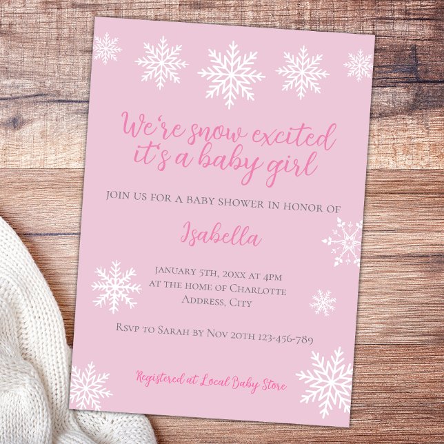 Winter Snö Exced Rosa Flicka Shower Inbjudningar (snow excited winter baby girl shower invitation baby pink)