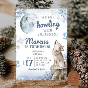 Winter Snö Forest Måne Varg Howling Birthday Inbjudningar