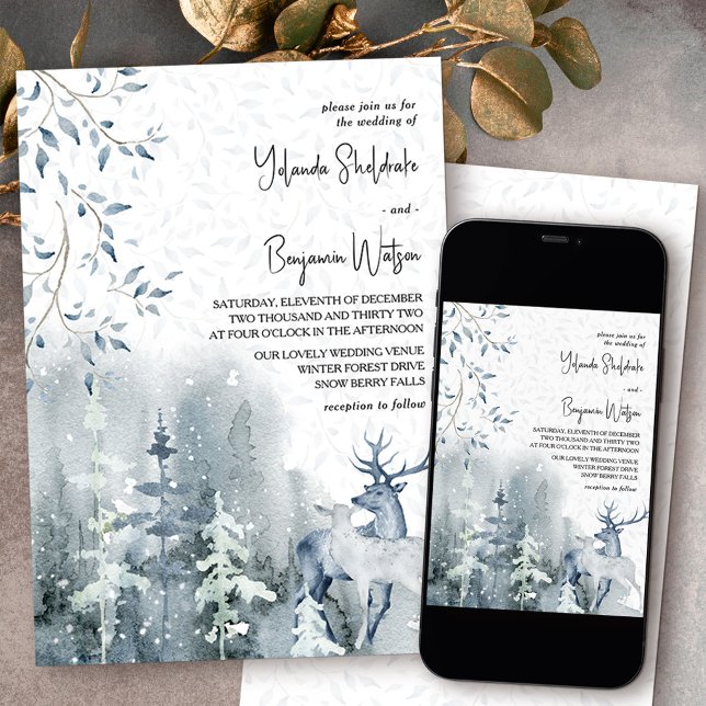 Winter Snö Forest och Hjort Dusty Blue Bröllop Inbjudningar (Wedding invitation from my Snow Forest Winter Wedding collection)