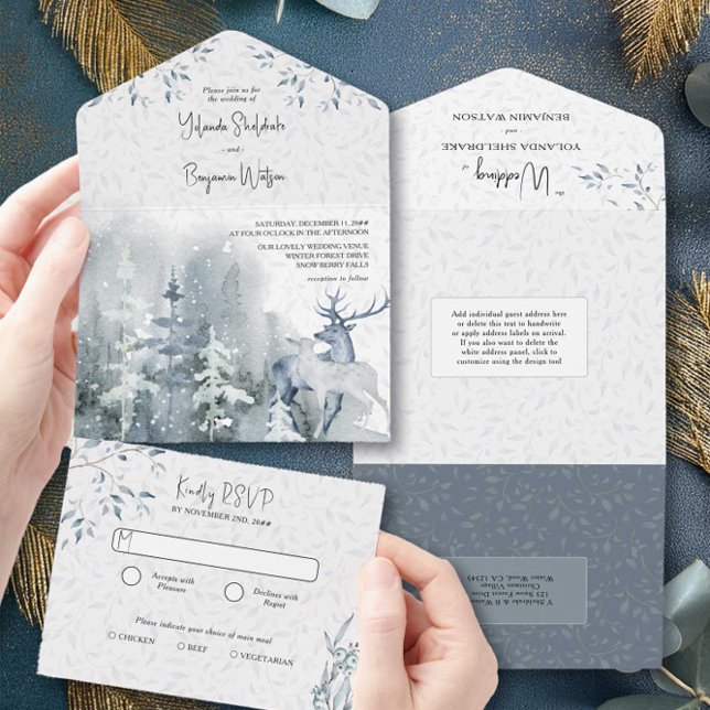 Winter Snö Forest och Hjort Watercolor Bröllop (All in One Wedding Invitation with RSVP from the Snow Forest wedding collection by Darling & May)