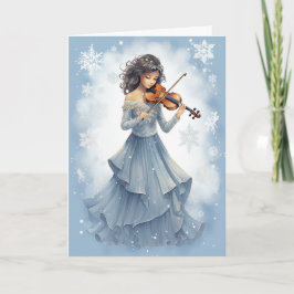 Winter Snö Girl Spela Violin Jul Music Helgkort