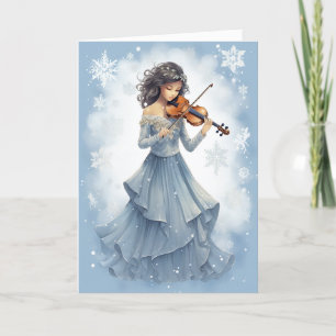 Winter Snö Girl Spela Violin Jul Music Helgkort