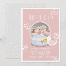 Winter Snö Globe Rosa Girl Birth Notice