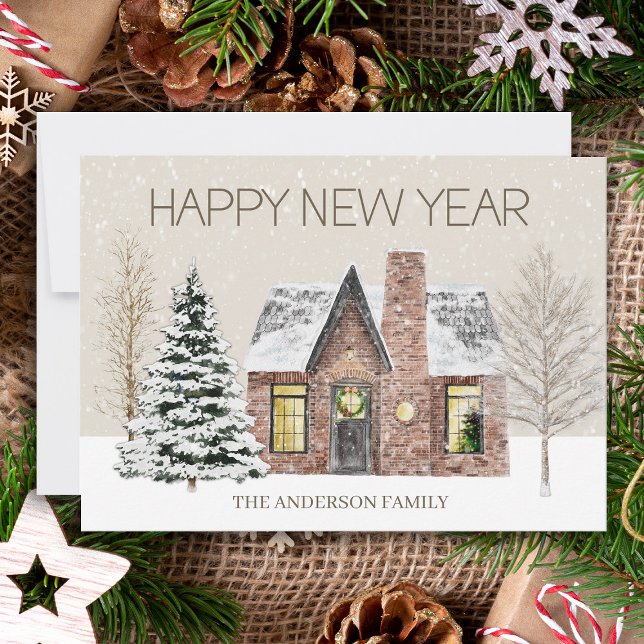 Winter Snö House Gräs Träd Gott nytt år Julkort (Rustic country "Happy New Year" customizable greeting card. Personalize with your own text. )