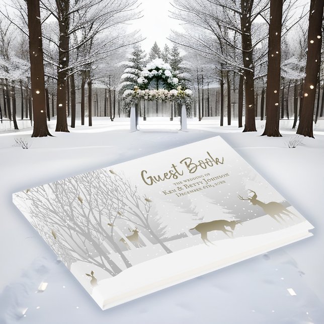 Winter Snö Landsbyggsbröllop White Woodland Natatu Gästböcker (Winter wedding guestbook with  country woodland animals.)