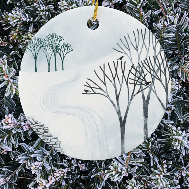 Winter Snö liggande Julgransprydnad Keramik (Winter landscape art Christmas ornament)