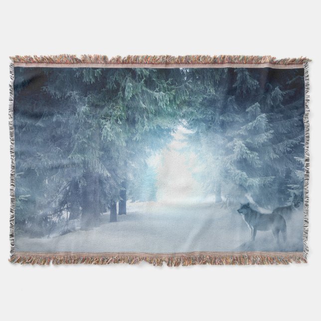 Winter Snö med Vargar i Evergreen Forest Filt (Framsidan)