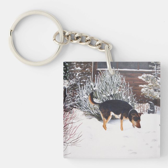 Winter snö scen med söt svart och brunt hund (Framsidan)