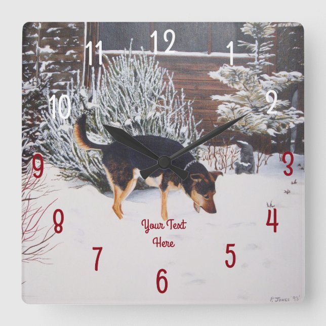 Winter snö scen med söt svart och brunt hund fyrkantig klocka (Framsida)