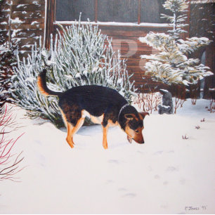 Winter snö scen med söt svart och brunt hund kökshandduk