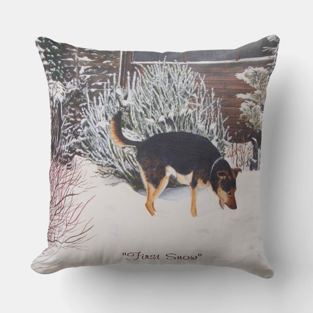 Winter snö scen med söt svart och brunt hund kudde (Framsida)