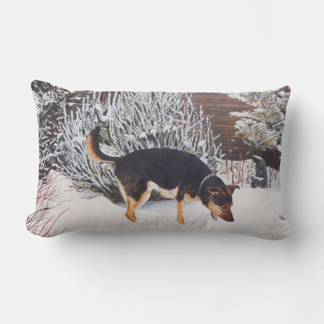 Winter snö scen med söt svart och brunt hund lumbarkudde (Framsida)