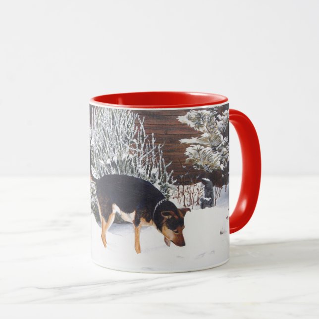 Winter snö scen med söt svart och brunt hund mugg (Framsida höger)