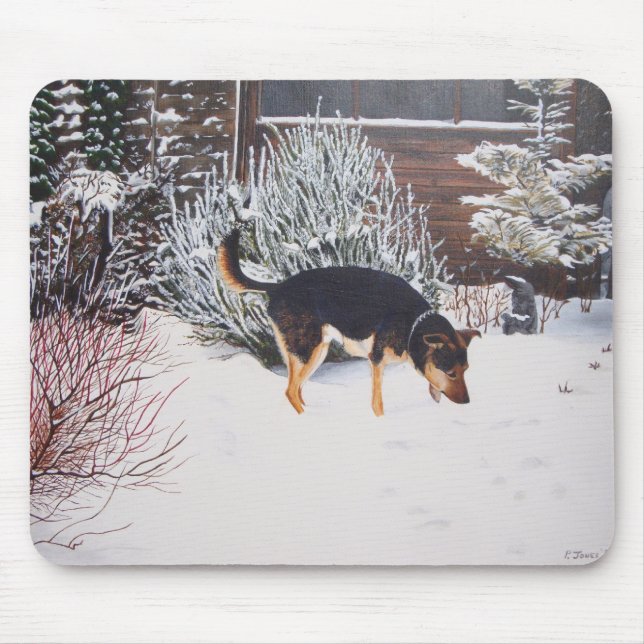 Winter snö scen med söt svart och brunt hund musmatta (Framsidan)